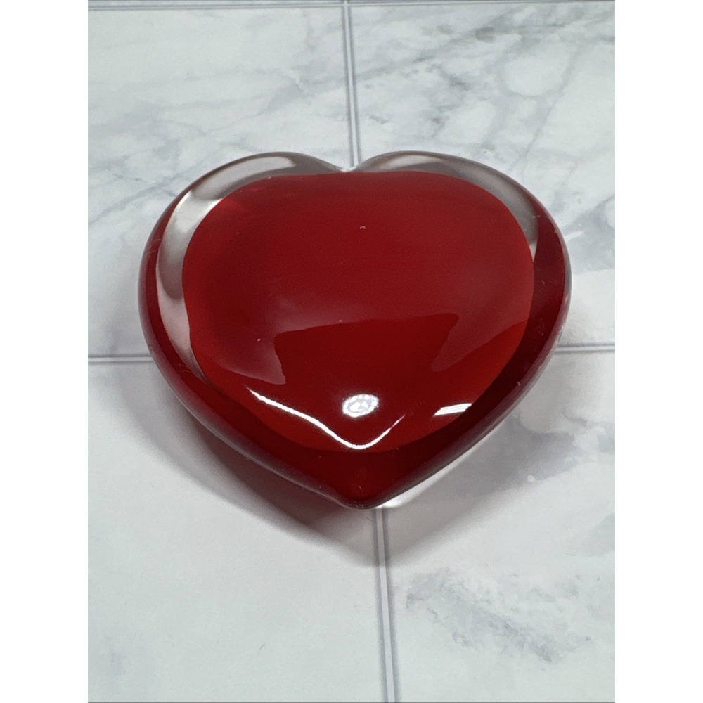 Vintage Red Heart Art Glass  Handblown Paperweight Clear Glass With Red Center